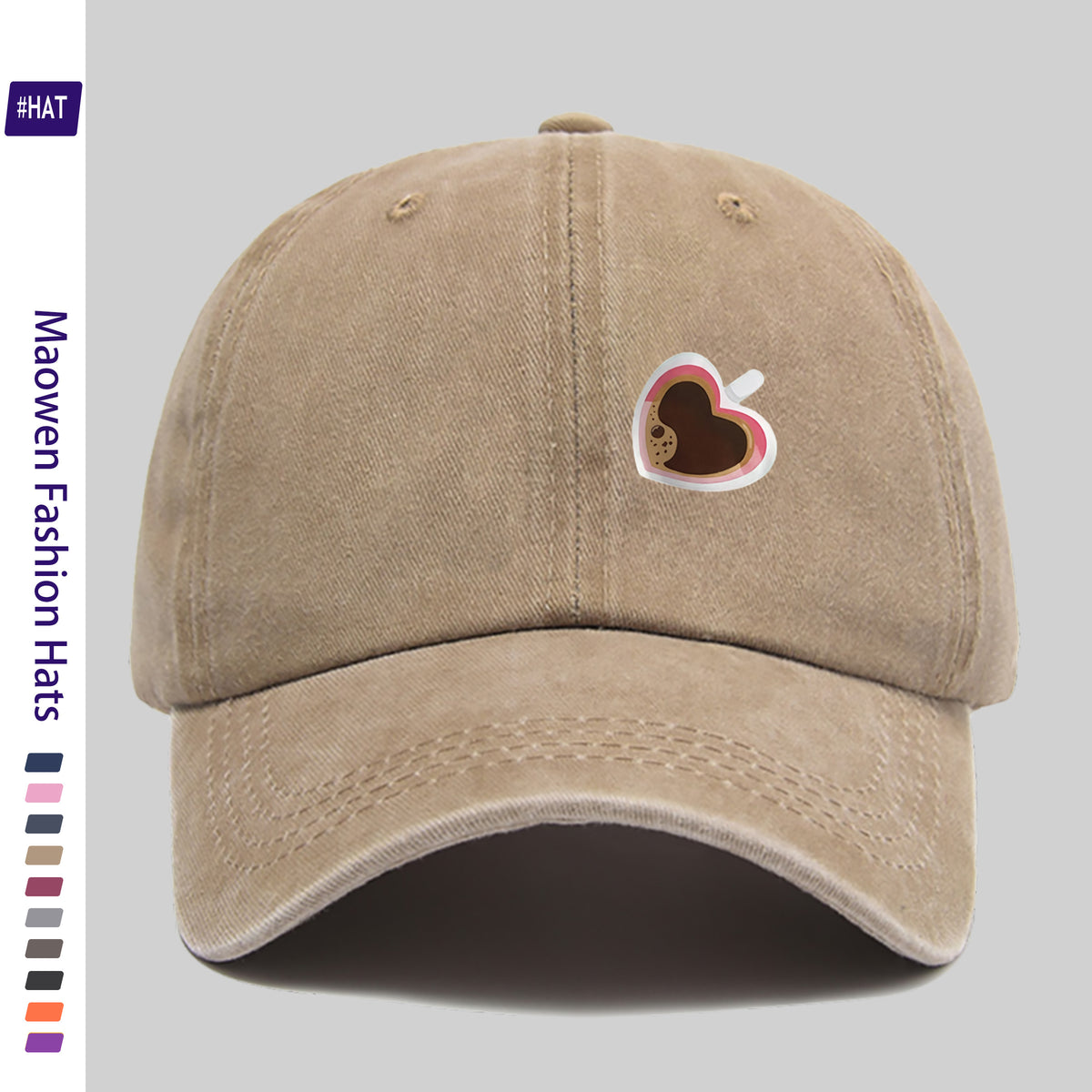 Adjustable Unisex Summer Baseball Cap with Washed Vintage Brim And Distressed Design, Featuring a Distinctive Heart-Shaped Coffee Cup Print, Embodiment of Italian-Style Retro Aesthetics. This Street-Style Skateboard Retro Snapback Hat Is Durable