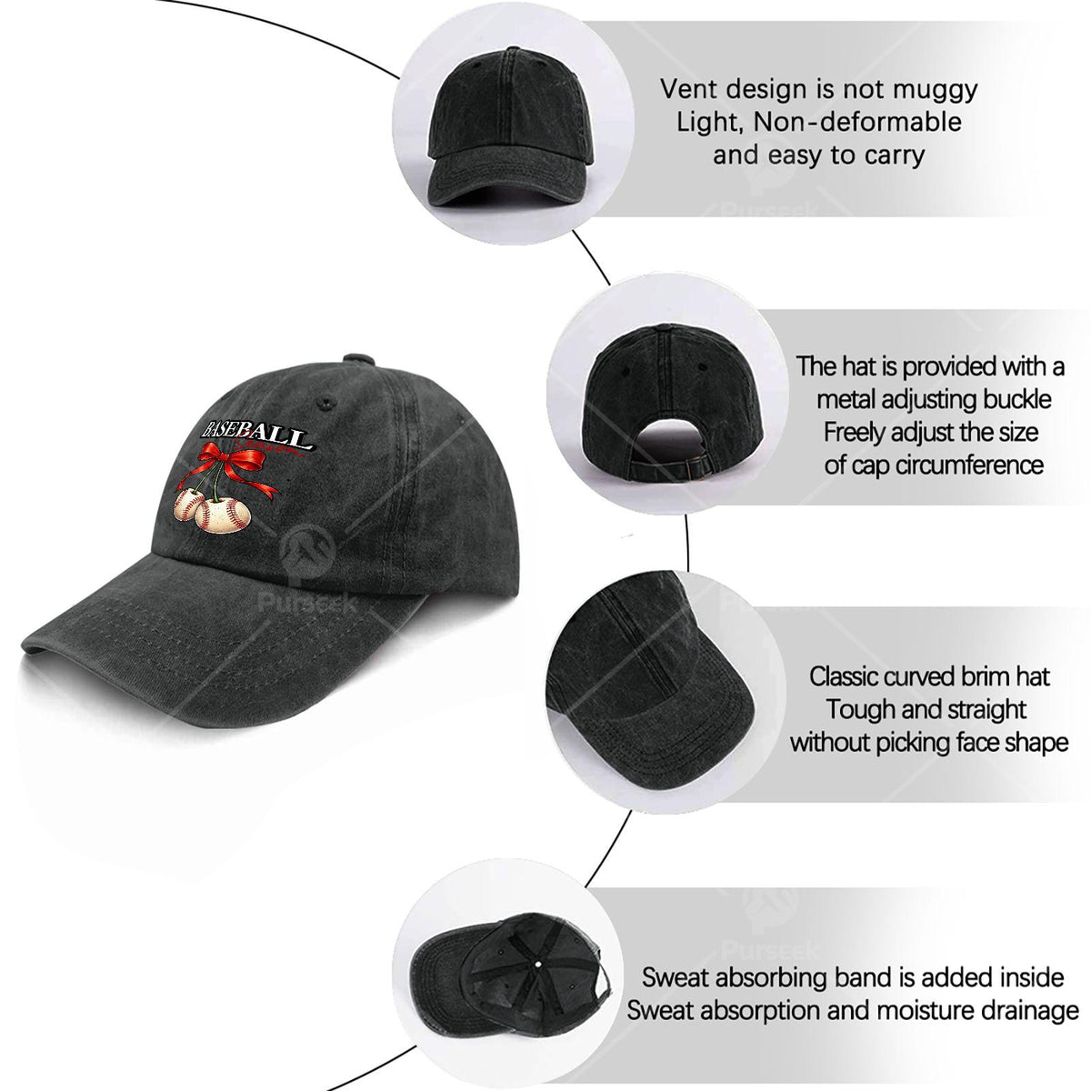 Unisex Vintage Washed Baseball Cap with Cherry Bow, Suitable for Baseball Season