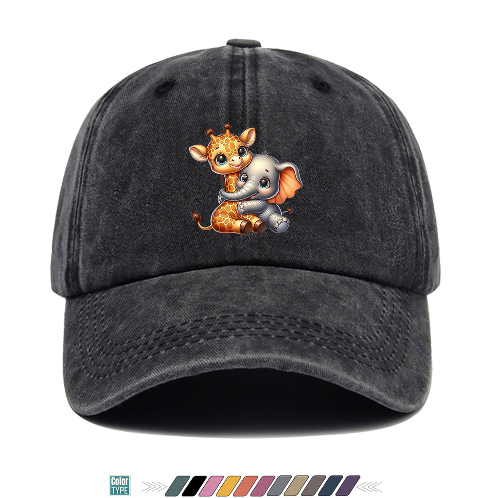 1pc Cartoon Giraffe and Baby Elephant Hugging Print Baseball Cap, Cute Animal Pattern Sun Hat, Stylish Casual Versatile Unisex Adjustable Snapback Cap, Outing Hat, Bestie Shopping Hat, Outdoor Picnic Hat, Amusement Park Hat, Birthday Holiday Gift
