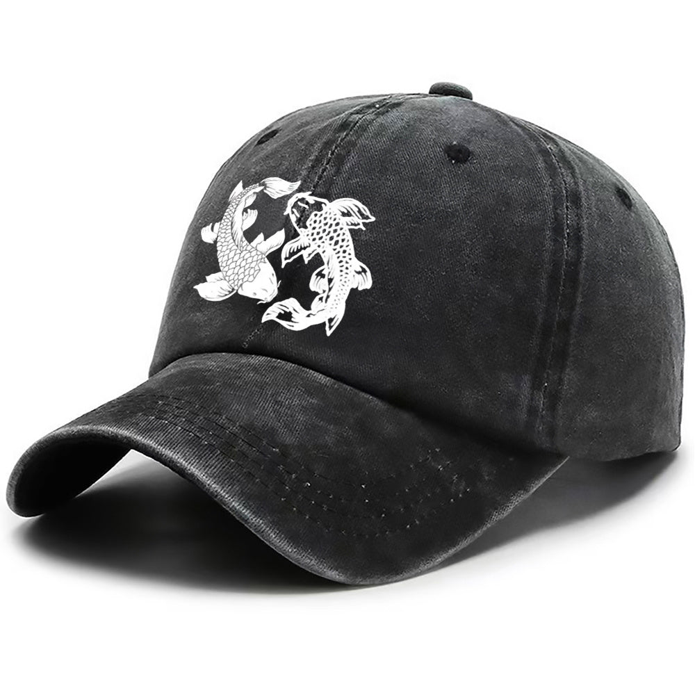 A Water-Washed Baseball Cap Featuring a Yin-Yang Fish Print - an Adjustable Unisex Hat with Traditional Chinese Koi Fish Symbols, Lightweight And Breathable for Outdoor Sun Protection, a Korean Cultural Accessory
