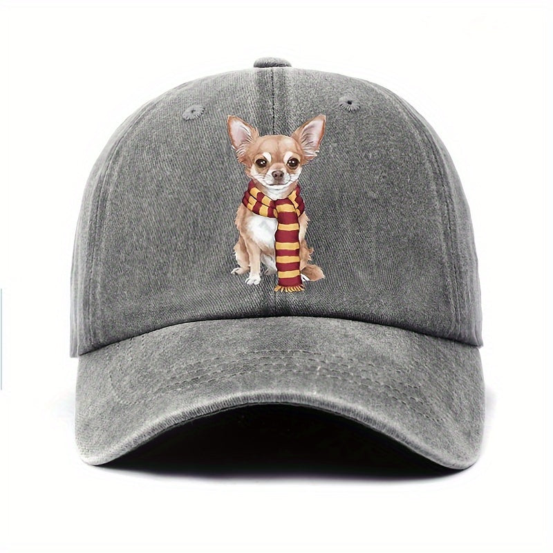Cute Chihuahua & Scarf Print Vintage Washed Baseball Cap - Adjustable Snapback, Lightweight All-Season Outdoor Casual Hat, for New Year Celebrations, Accessory, Soft Texture, Seasonal Accessory, Playful Design, Hand Washable, Fashion Accessory