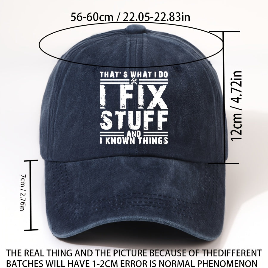 EOXF Vintage Washed Baseball Cap- Black with the Text "I Fix Stuff, " Adjustable Strap, Breathable Six-panel Design, Suitable for Mechanics, DIY Enthusiasts, and Everyday Casual Wear- Unisex Headwear, Vintage Style, Adjustable Size
