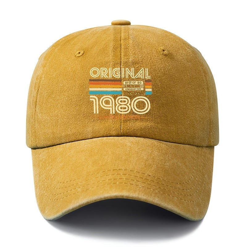 A Unisex, Stylish, and Versatile ORIGINAL 1980 Printed Baseball Cap. This Classic Vintage-washed Outdoor Lightweight Curved-brim Hat Is Also Known as a Trucker Cap. Suitable for Casual Occasions Like Outdoor Vacations, Travel, and Camping, It Also