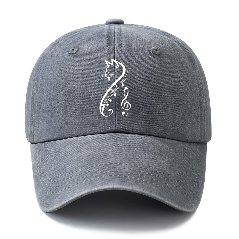 A Unisex Fashionable and Versatile Printed Cat and Musical Note Baseball Cap, Featuring a Classic Vintage Washed Lightweight Outdoor Curved Brim. This Trucker Baseball Cap Is Suitable for Casual Occasions Such as Outdoor Vacations