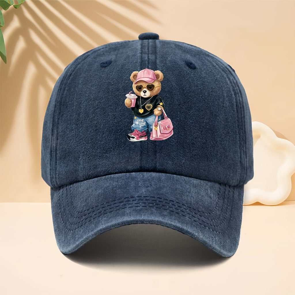 Baseball Cap with a Trendy and Cool Teddy Bear Print, Featuring an American Street-style Aesthetic. This Adorable and Fun Personality-driven Casual Snapback Is Perfect for Strolling, Shopping, Traveling, Gatherings, Vacations, and Parties. The Curved