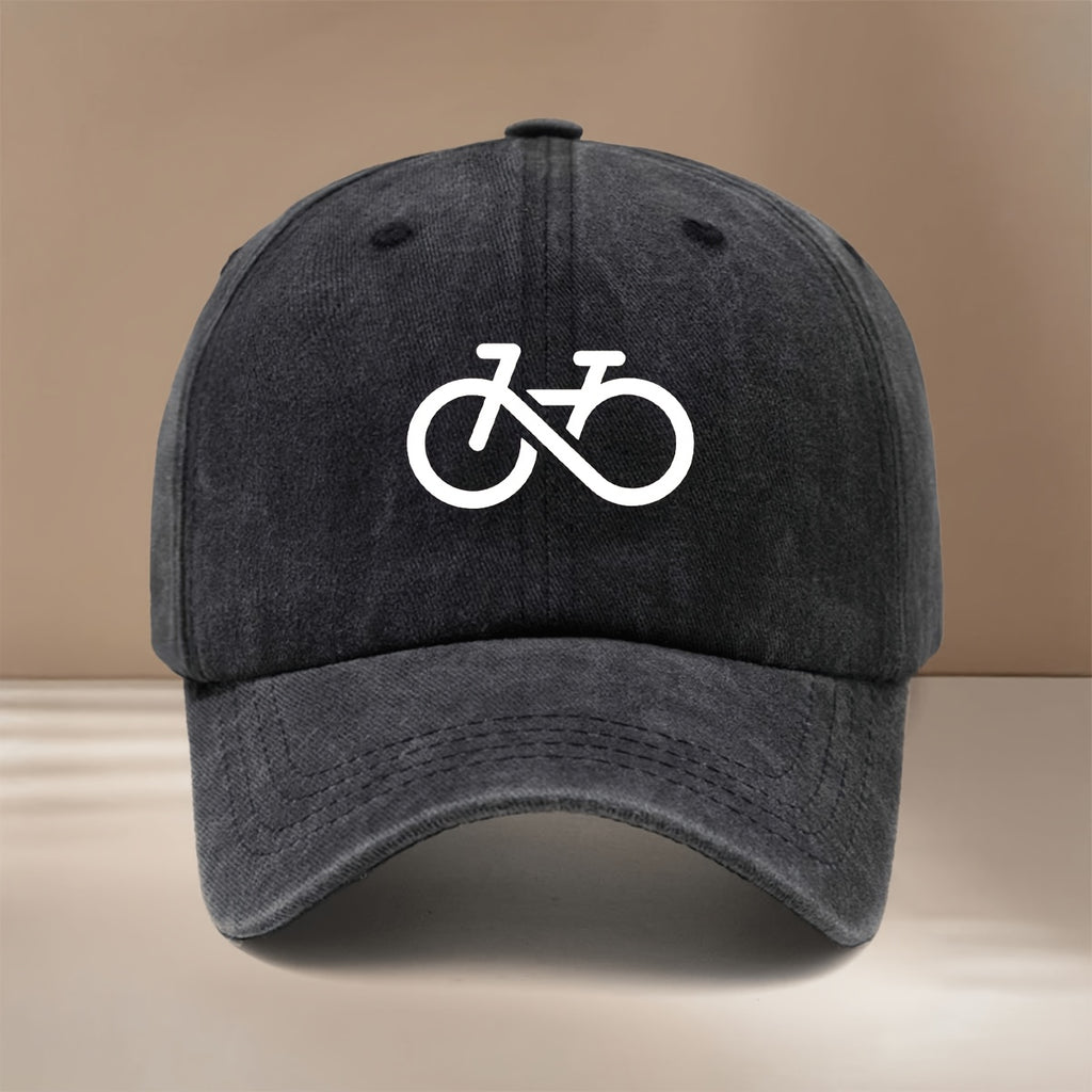 Baseball Cap with Stick-figure Bicycle Print, Suitable for Vacations, Travel, Gatherings, and Camping. Features a Curved Brim, Adjustable Size, and Textured Hip-hop Style. Comfortable and Lightweight, This Unisex Six-panel Cap Is Also a Casual