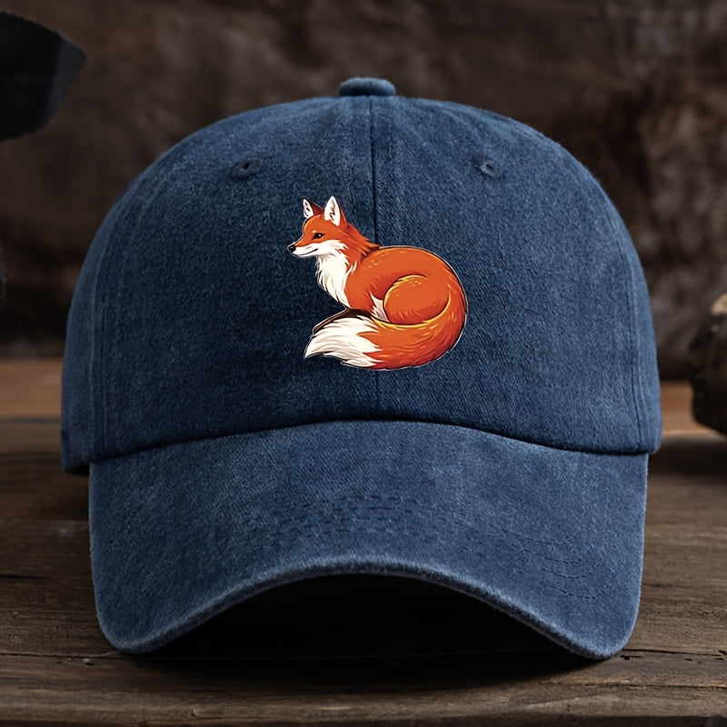 Fun Fox Print Baseball Cap Classic Washed Distressed Retro Curved Brim Hat Outdoor Casual Sports Running Hiking Camping Fishing Hat Soft Comfortable Dad Hat Individual Street Rock Hip-Hop Hat