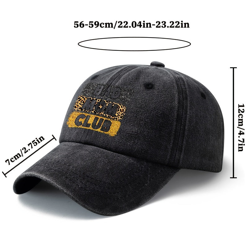 A Unisex Fashionable and Versatile "BAD MOM CLUB" Printed Baseball Cap, Featuring a Classic Vintage Washed Lightweight Curved Brim. This Trucker Baseball Cap Is Suitable for Casual Occasions Such as Outdoor Vacations, Travel, and Camping. It Also