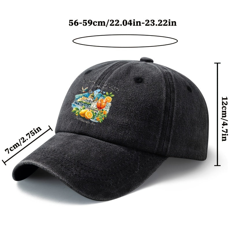 A Unisex Fashionable and Versatile Printed Baseball Cap Featuring the Italian Amalfi Coast. This Classic Vintage-washed Outdoor Lightweight Curved-brim Hat Is Also Known as a Trucker Cap. Suitable for Casual Occasions Such as Outdoor Vacations