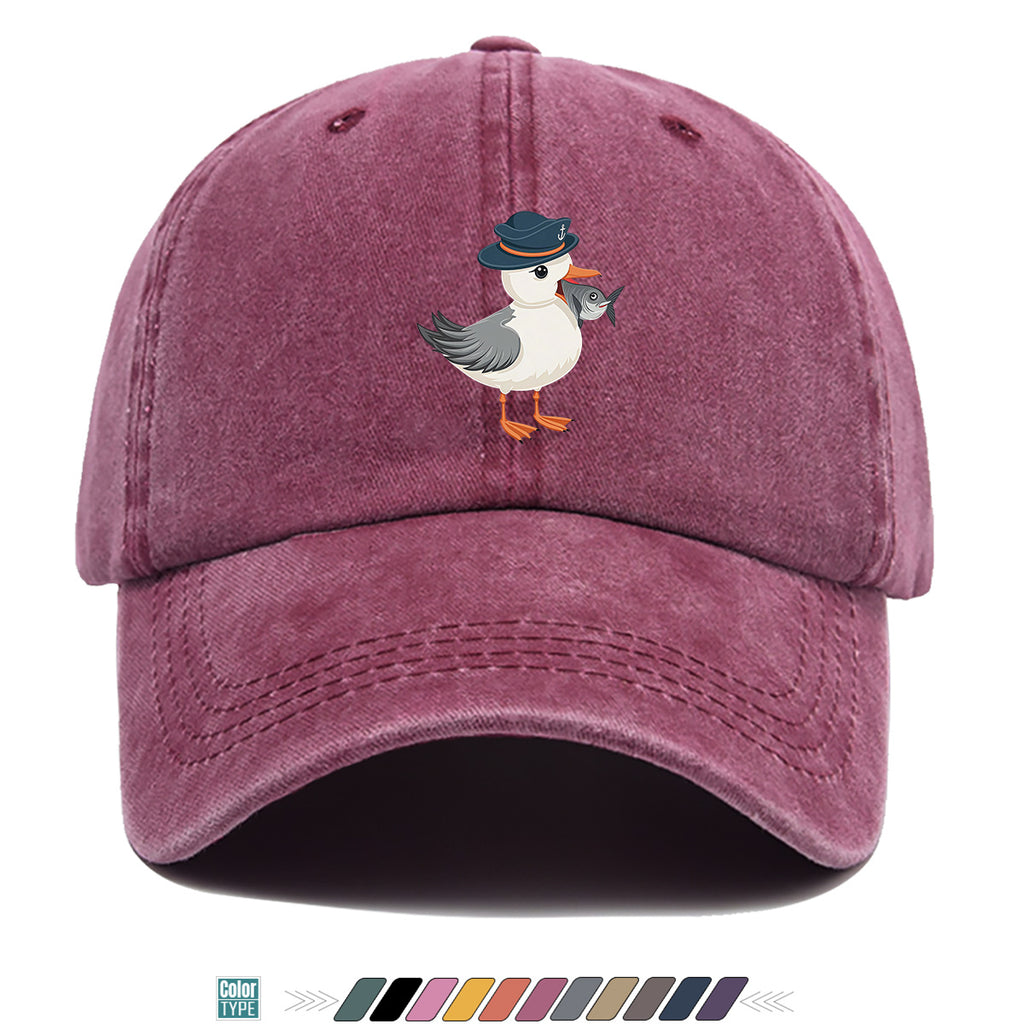 1pc Cartoon Seagull Wearing a Navy Hat with an Anchor Pattern, Holding a Fish in Its Mouth, with a Colorful Geometric Striped Background. Fun Animal Print Baseball Cap, Comfortable And Breathable Sun Hat, Stylish, Individual, And Beautiful