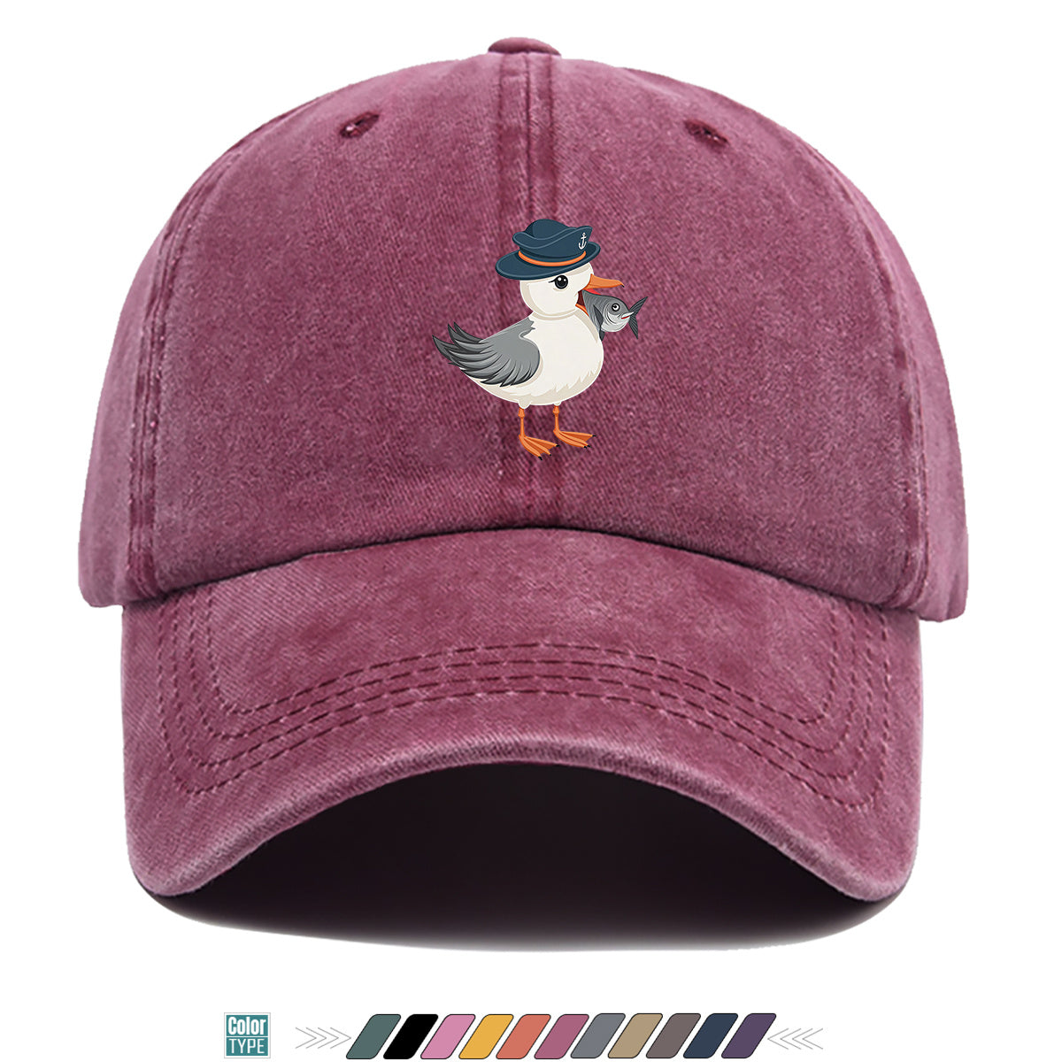 1pc Cartoon Seagull Wearing a Navy Hat with an Anchor Pattern, Holding a Fish in Its Mouth, with a Colorful Geometric Striped Background. Fun Animal Print Baseball Cap, Comfortable And Breathable Sun Hat, Stylish, Individual, And Beautiful
