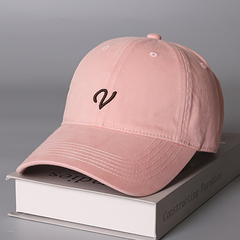 1pc MAO GLOBAL Women's Baseball Cap- Brown with Elegant 'V' Badge, Adjustable Snap Closure, Large Non-Elastic Style, Suitable for All Seasons, Daily and Formal Occasions, Unisex Couple Style, Urban Fashion Accessory, Structured Top Design