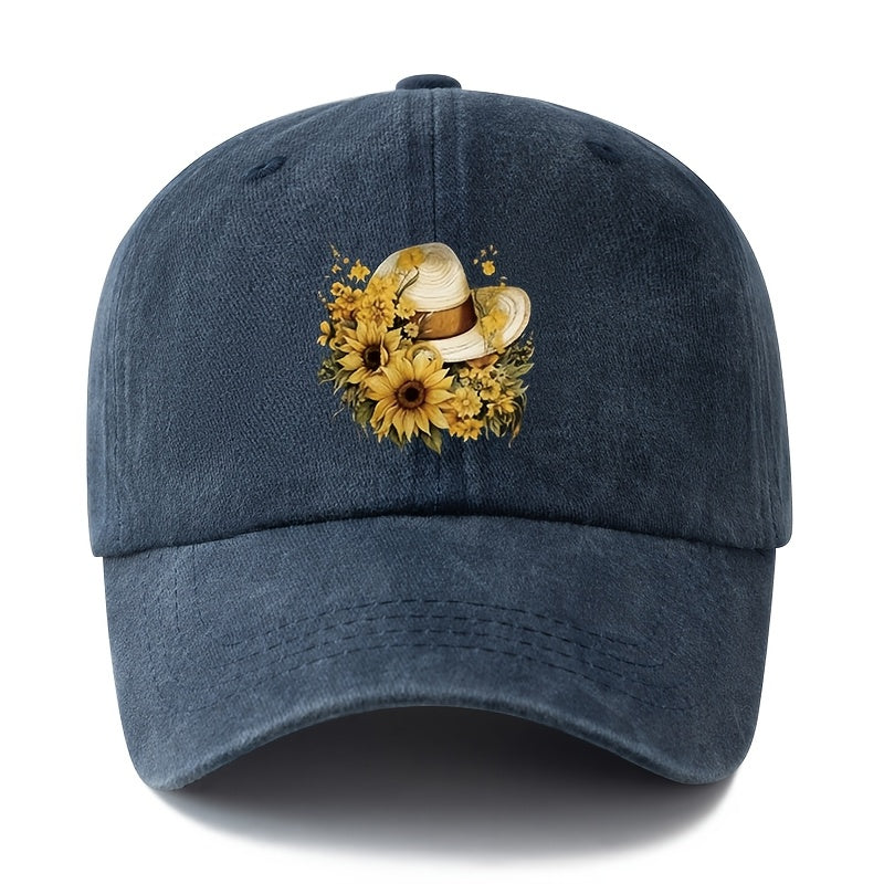 Printed Sunflower Baseball Cap, Unisex And Adjustable Size, with Curved Brim, Lightweight And Sun-Protective for Outdoor Use, Suitable for Outdoor Vacations, Camping, Casual Wear, And Hip-Hop Style, Trucker Baseball Cap