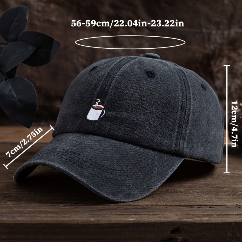 A Straightforward Men'S Baseball Cap Designed for Coffee Enthusiasts, Featuring a Cup Motif. The Fabric Is Machine Washable, Making It Ideal for Everyday Wear