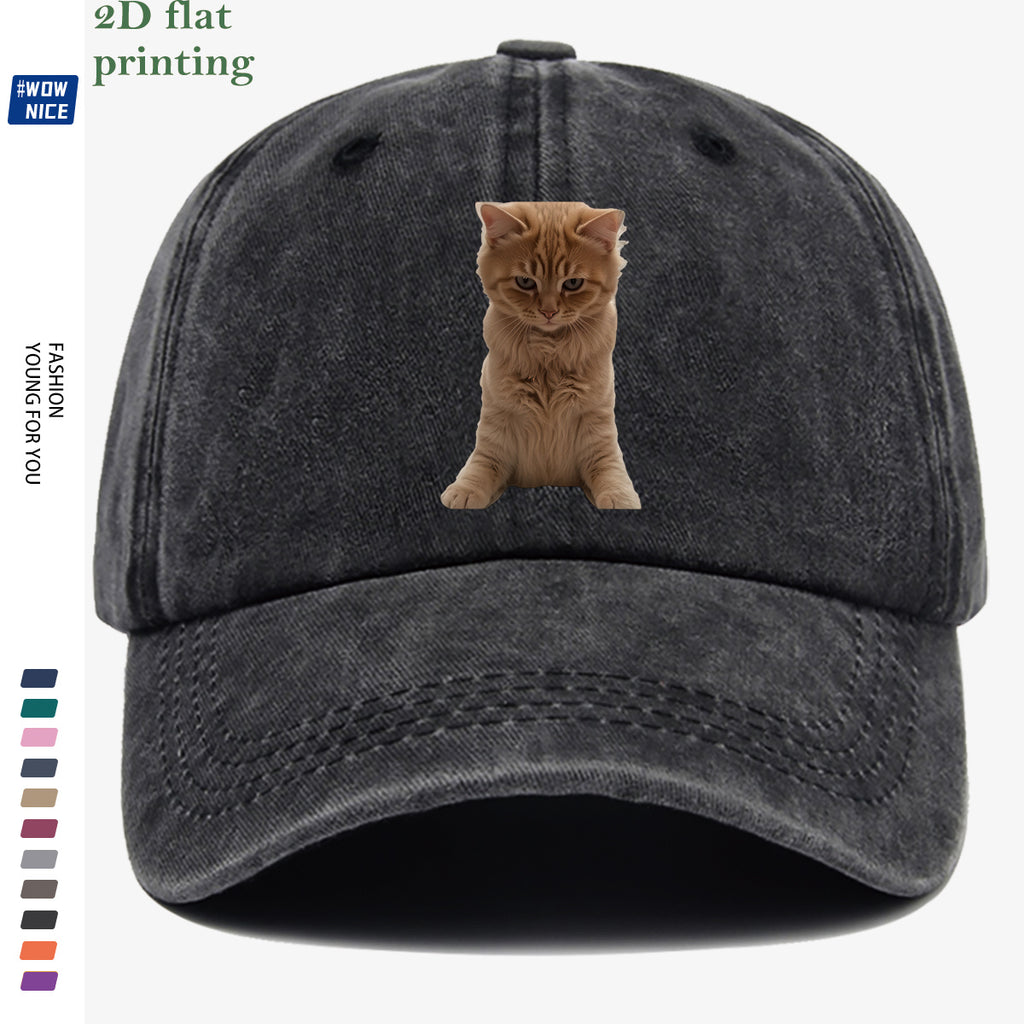 1pc Orange Tabby Cat Squatting Front Print Baseball Cap, with Round Eyes Slightly Squinted, Giving Off a "I'm Noble" Meme Vibe. A Must-have for Daily Outings, Café Visits, and Citywalks to Create a Stylish Look. The Cap Shape Helps Flatter and Slim