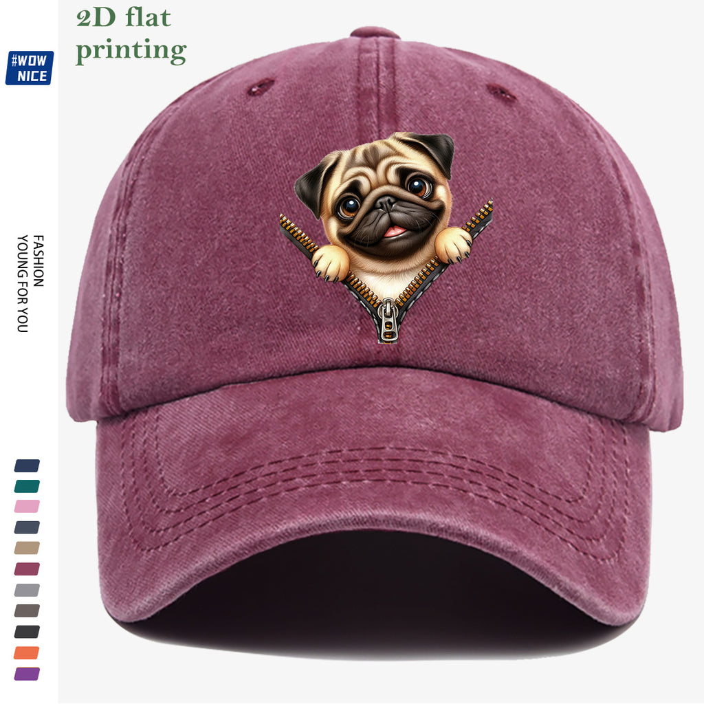 1pc Pug Zipper Print Baseball Cap, Cute Animal Pattern Headwear, Fashionable and Versatile Hat Accessory, Unisex Street Style Hat with Adjustable Size, Slimming and Face-Shaping, Suitable for Daily Outings, Parties, Dates, Shopping, Outings