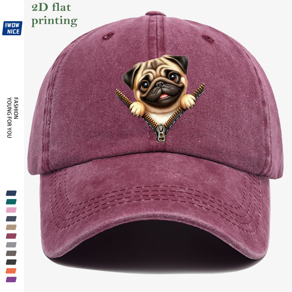1pc Pug Zipper Print Baseball Cap, Cute Animal Pattern Headwear, Fashionable and Versatile Hat Accessory, Unisex Street Style Hat with Adjustable Size, Slimming and Face-Shaping, Suitable for Daily Outings, Parties, Dates, Shopping, Outings