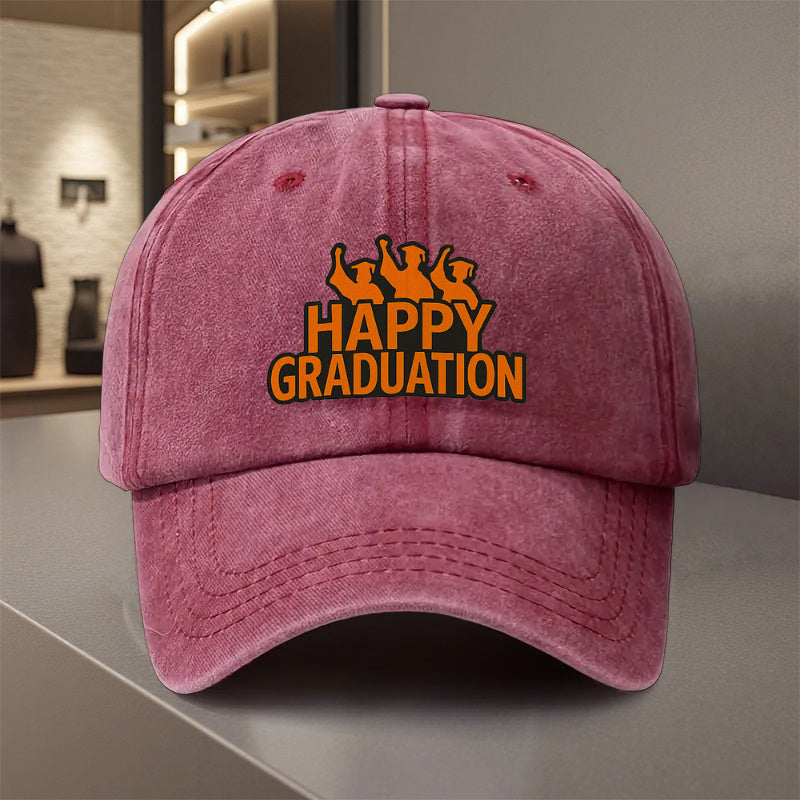 A Versatile Baseball Cap Featuring a 'Happy Graduation' Design, Made from Lightweight Polyester with Printed Craftsmanship. It'S Perfect for Outdoor Sports And Camping Enthusiasts, Trendy for Couples, Suitable As a Golf Cap, Trucker Hat