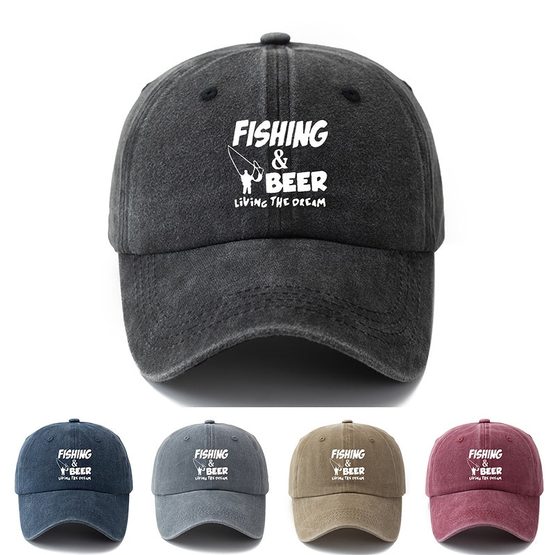 A Unisex Fashionable and Versatile Printed "FISHING&BEER" Baseball Cap, Featuring a Classic Vintage Washed Outdoor Lightweight Curved Brim Design. Suitable for Outdoor Vacations, Travel, Camping, and Other Casual Occasions. Ideal for Holiday Parties