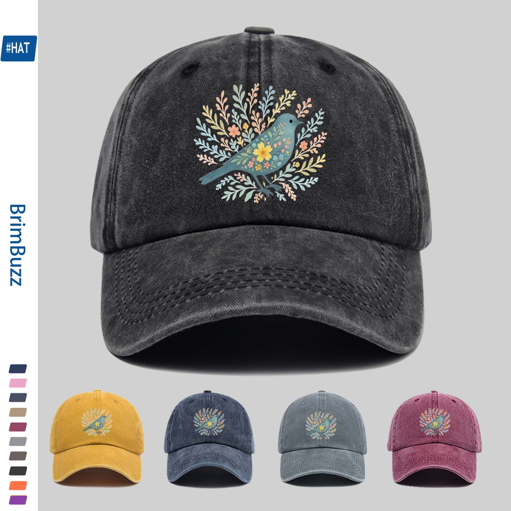 A Baseball Cap Featuring a Print of Birds Surrounded by Flowers And Plants, a Vintage Design Sun Hat, a Comfortable And Lightweight Trucker Hat with Adjustable Straps, an American Street Style Skateboard Cap