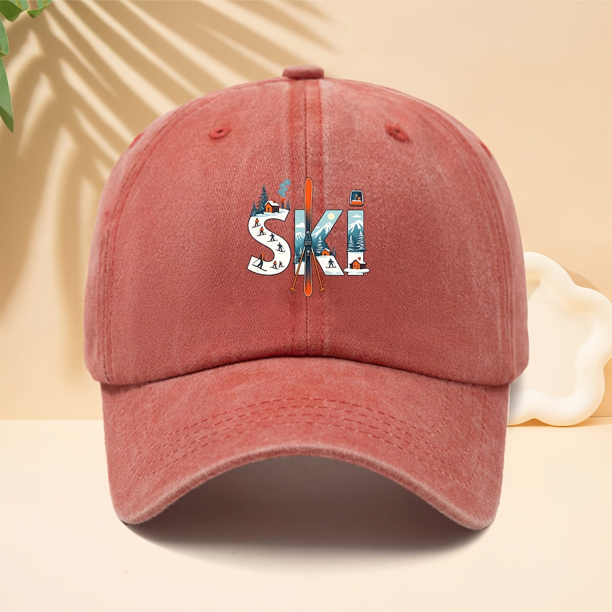 A Printed Baseball Cap with Ski-Related Elements And Patterns, Suitable for Outdoor Sports, a Six-Panel Hat for Men And Women, Couple'S Fashion, a Duckbill Cap with an Adjustable Soft Brim, Washed And Distressed Curved Brim Hat