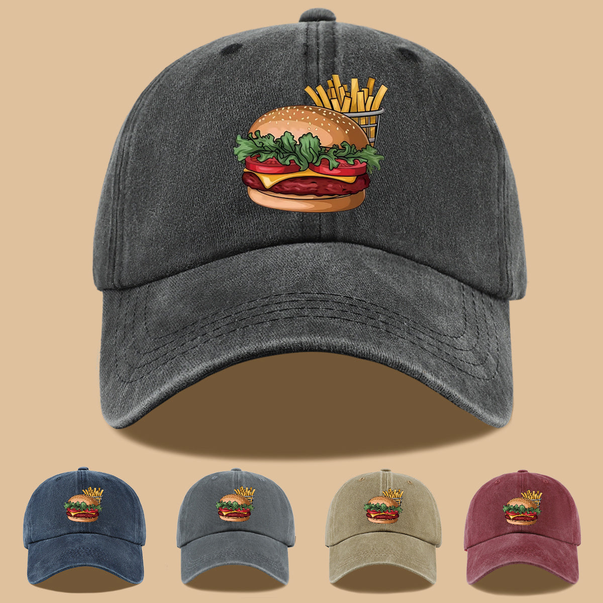 1pc Cartoon Style Food Illustration Fun Printed Full Hamburger Baseball Cap Lightweight Comfortable Breathable Sun Hat Fashion Easy Beautiful Men And Women Baseball Cap Adjustable Size Truck Driver Dad Hat Mom Beach Vacation Hat Suitable for Outdoor