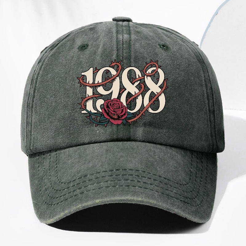 Unisex Thorn Flower 1988 Print Washed Vintage Baseball Cap, Fashionable Sun Outdoor Hat for Men and Women, Adjustable Trucker Hat Suitable for All Seasons and Daily Wear