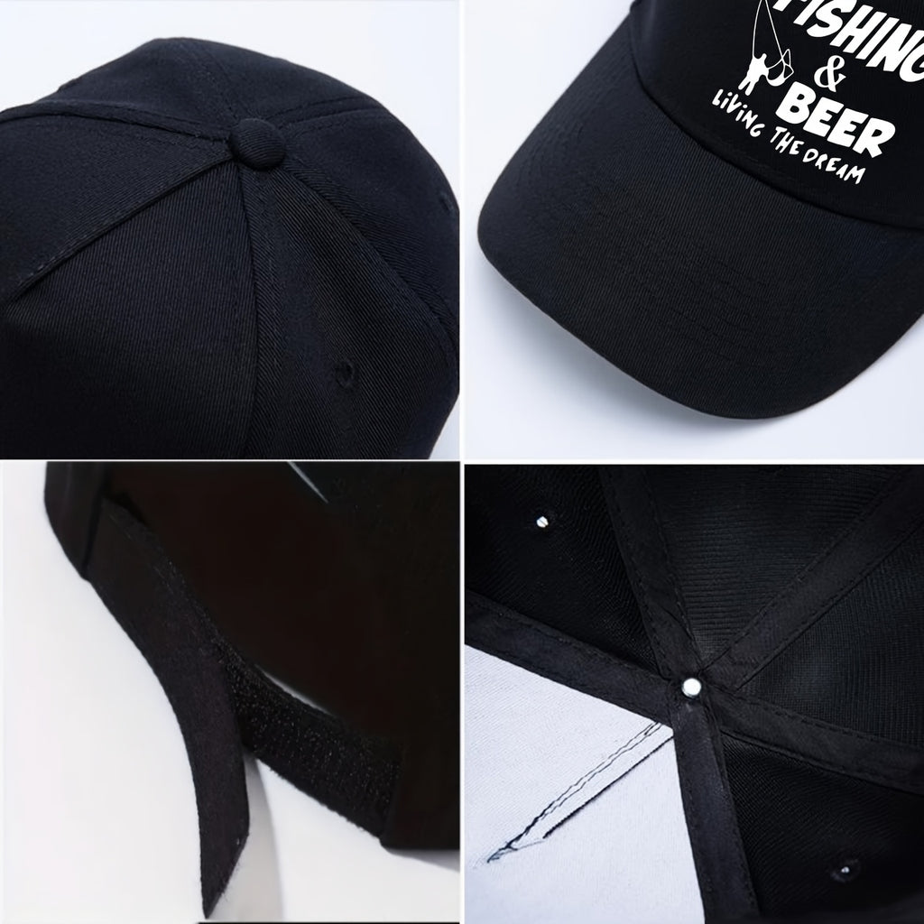 A Baseball Cap with "Fishing And Beer, Live The Dream" Print And Fishing Rod Design, Adjustable And Lightweight for Angler Lifestyle. Hobby-Themed Gift for Fishermen, Hand-Washable Outdoor Accessory