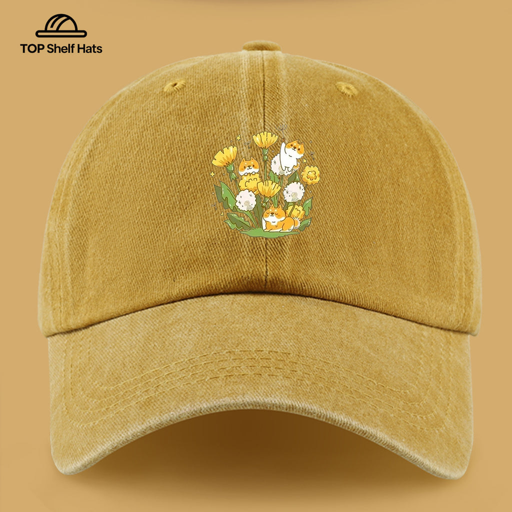 1pc Shiba Inu Dandelion Flower Patch Baseball Cap, Cute Pet Pattern Sun Hat, Fashionable Fresh And Beautiful Unisex Baseball Cap, Adjustable Size, Casual Shopping Hat, Travel Photography Hat, Suitable for Outdoor Picnics, Camping, Travel
