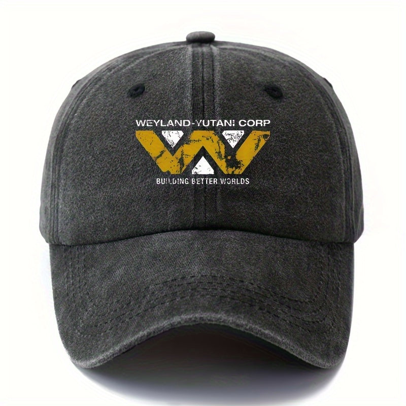 A Versatile Unisex Baseball Cap Featuring a Printed 'WEYLAND-YUTANI CORP' Design, This Classic Retro Hat Is Lightweight with a Curved Brim, Perfect for Outdoor Activities Like Vacations, Camping, And Other Casual Events