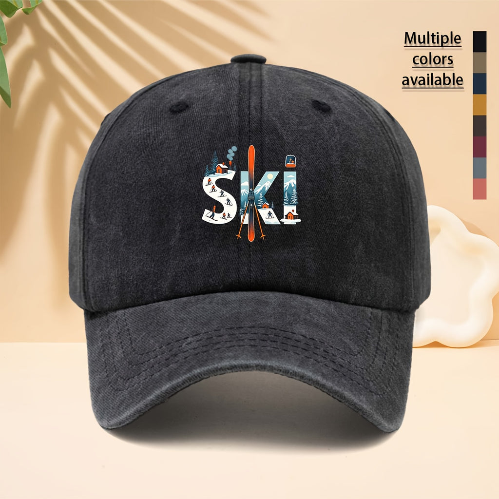 A Printed Baseball Cap with Ski-Related Elements And Patterns, Suitable for Outdoor Sports, a Six-Panel Hat for Men And Women, Couple'S Fashion, a Duckbill Cap with an Adjustable Soft Brim, Washed And Distressed Curved Brim Hat
