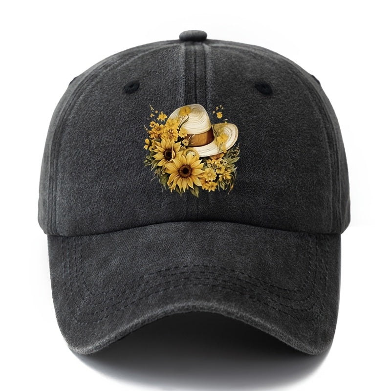 Printed Sunflower Baseball Cap, Unisex And Adjustable Size, with Curved Brim, Lightweight And Sun-Protective for Outdoor Use, Suitable for Outdoor Vacations, Camping, Casual Wear, And Hip-Hop Style, Trucker Baseball Cap