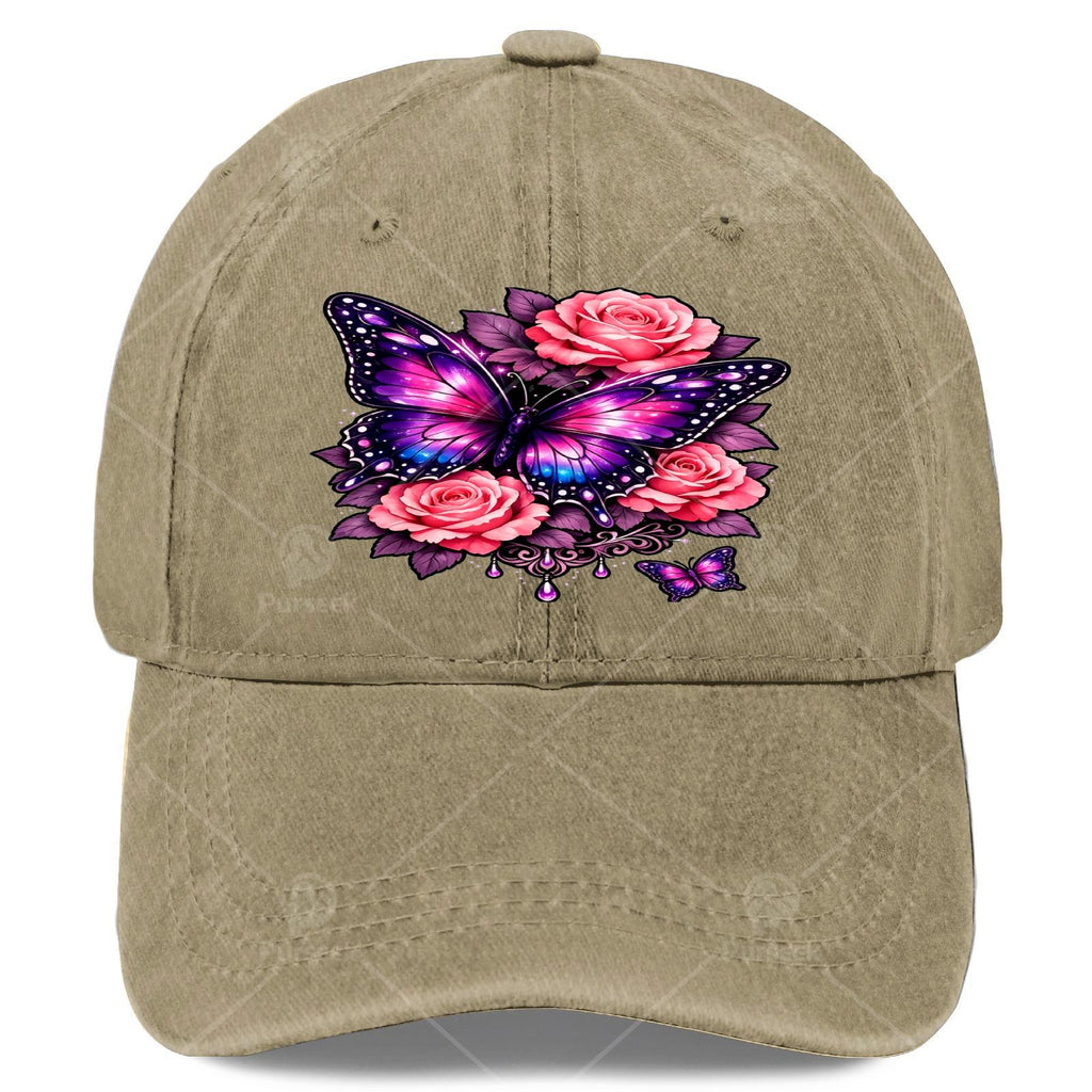 Men' & Women' Classic Baseball Cap with Butterfly & Purple Rose Print - Adjustable Pull-String Closure, Machine Washable Sporty Hat Suitable for Butterfly Enthusiasts, Casual Wear, Outdoor Activities, Gift