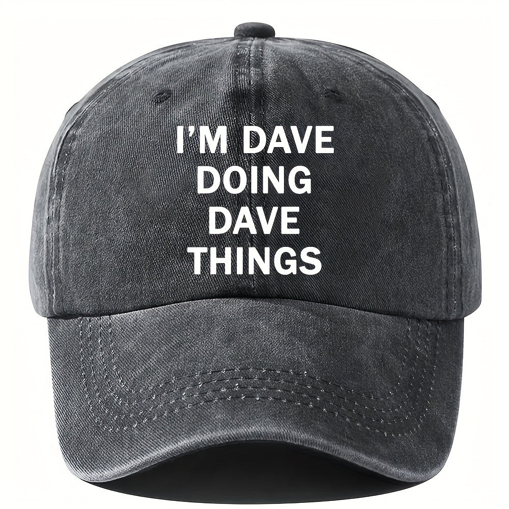 ATHACER Men'S "I'm Dave Things" Vintage Baseball Cap - Retro Washed Black Hat with Bold Text, Lightweight & Breathable for Outdoor Fashion, Hand Wash Only, Outdoor Headwear, Casual Headgear, Distressed Texture