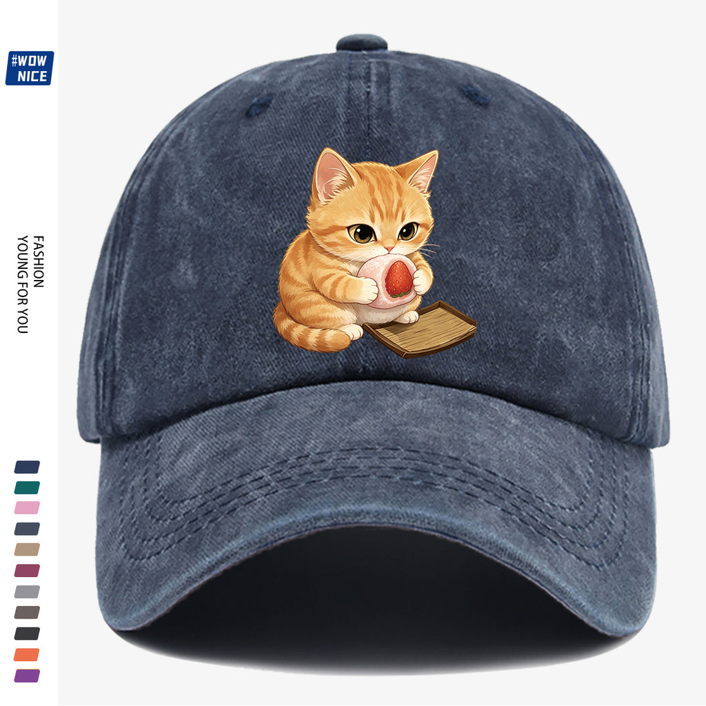 1pc Orange Striped Kitten Holding Strawberry Big Stamp Pattern Baseball Cap, Cute And Playful Fashion Casual Unisex Adjustable Size, Daily Outing, Coffee Shop Gathering, Park Stroll, Shopping Fun, Best Friend Date, Weekend Picnic, Relaxed Commute