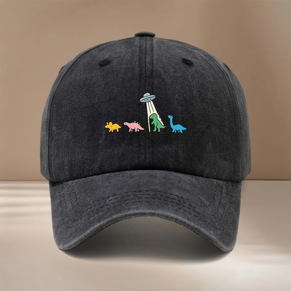 This Is a Baseball Cap with a Dinosaur and UFO Print, Suitable for All Seasons. It Features an Adjustable Size, a Curved Brim, and Is Unisex. The Hat Is Comfortable, Lightweight, and Can Be Worn for Outdoor Sports, Dinners, Camping, or as a  Fashion
