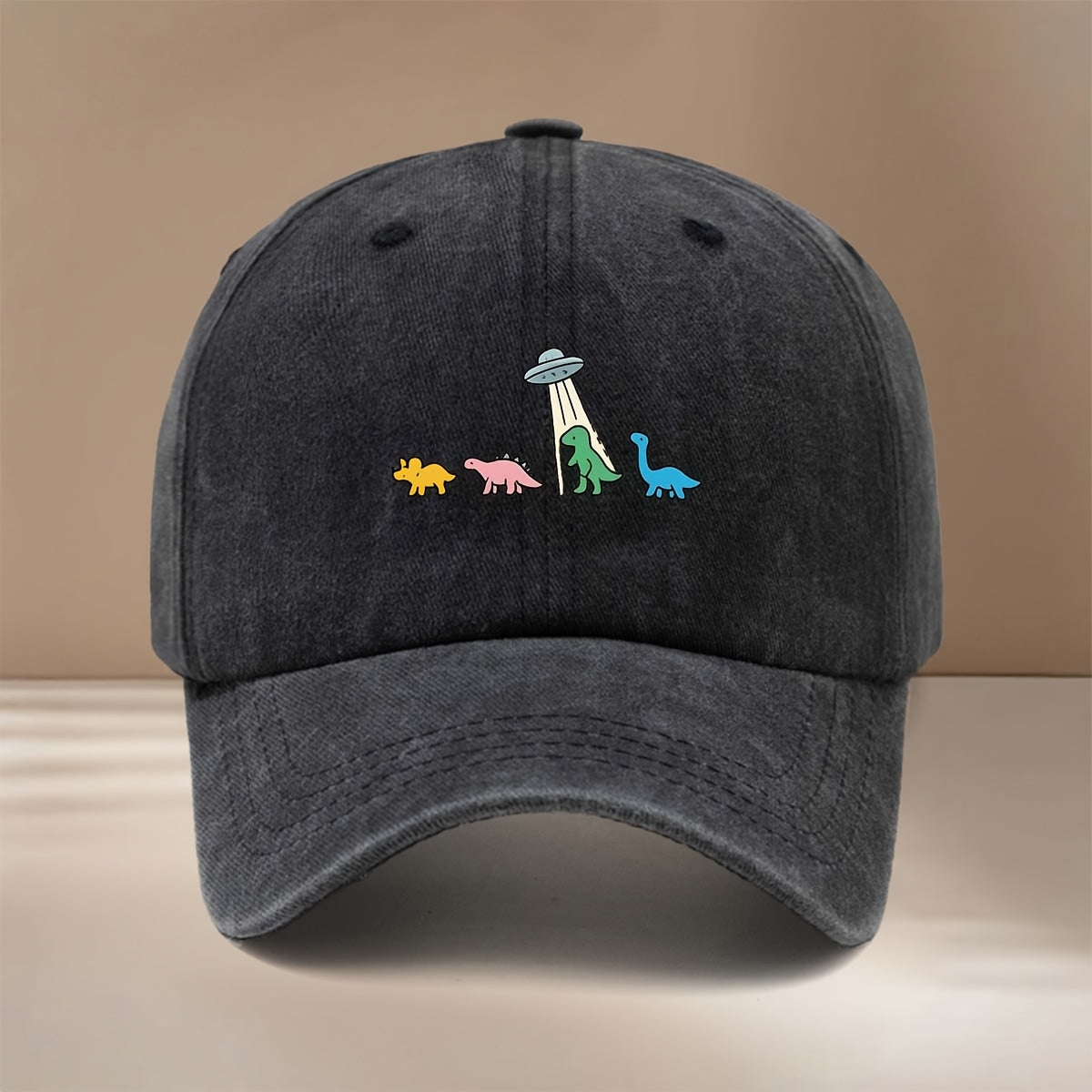 This Is a Baseball Cap with a Dinosaur and UFO Print, Suitable for All Seasons. It Features an Adjustable Size, a Curved Brim, and Is Unisex. The Hat Is Comfortable, Lightweight, and Can Be Worn for Outdoor Sports, Dinners, Camping, or as a  Fashion