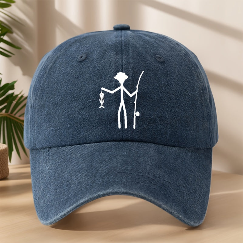 Creative Design Fishing Print Baseball Cap Classic Washed Vintage Duckbill Hat Soft Comfortable Sweat-Absorbing Breathable Hat Outdoor Leisure Sports Fishing Camping Adjustable Sun Hat