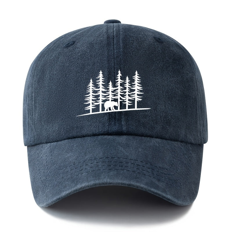 Unisex, Fashionable And Versatile Baseball Cap with Pine Forest And Grizzly Bear Print, Classic Retro Washed Outdoor Lightweight Curved Brim Cap, Suitable for Outdoor Vacations, Travel, Camping, And Other Casual Occasions, Hip-Hop Style Cap