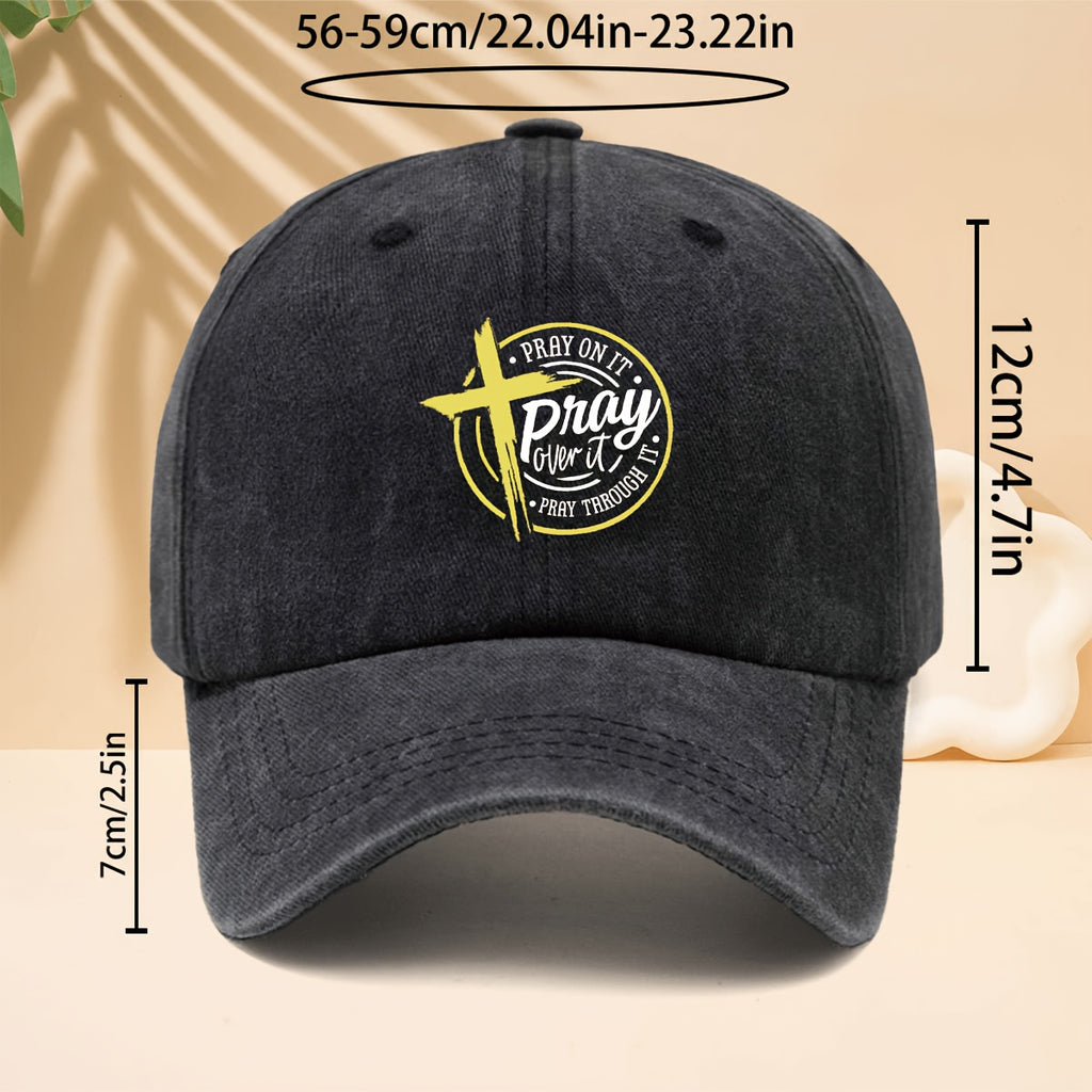 Yellow Cross Circle Pray Over It Pattern Printed Baseball Cap Reverent Retro Faith Design Style Curved Brim Hat for Walking, Gatherings, Dates, Shopping, Vacation, Travel