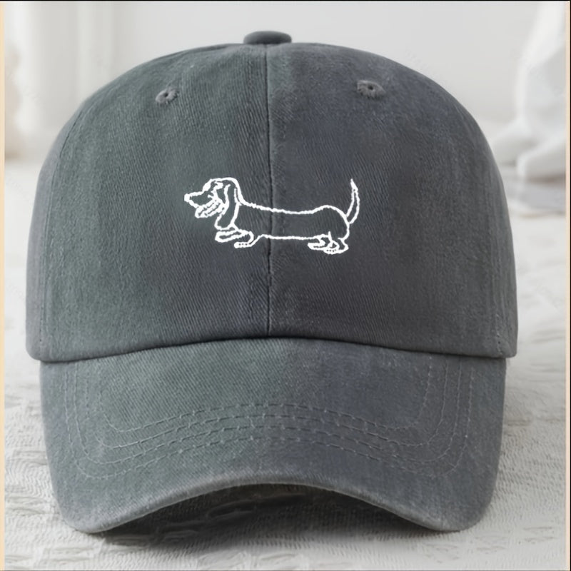 Vintage Washed Baseball Cap with Adorable Dachshund Embroidery - Black Textile, Breathable & Durable Unisex Casual Outdoor Hat for Men and Women, Hand Washable, Casual Headwear | Embroidered Cap | Breathable Fabric