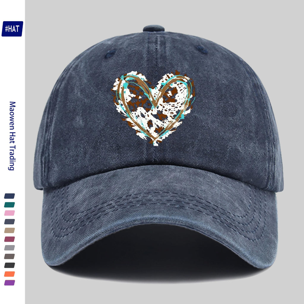 1 Adjustable Baseball Cap, Unisex, Versatile Street Style Fashion Printed Baseball Cap, Washed And Distressed Look Hat, Featuring a Fun Cartoon Heart Print Design, Comfortable And Lightweight, Vintage Street Skateboard Cap