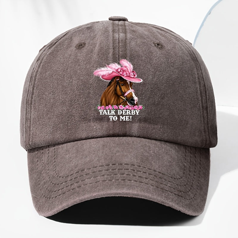 Unisex Adjustable Baseball Cap, Pink Horse Pattern with "Talk Derby to Me!" Print - Lightweight 100%, Machine Washable Vintage Design, Ideal for Casual Outdoor And Daily Wear
