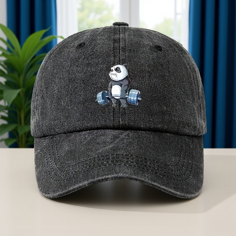 Cartoon Panda Print Baseball Cap with Panda Face - Washed Distressed Flat Brim Hat, Soft Top Moisture-Wicking Breathable Cap Suitable for, Casual Wear & Panda-Themed Outfits