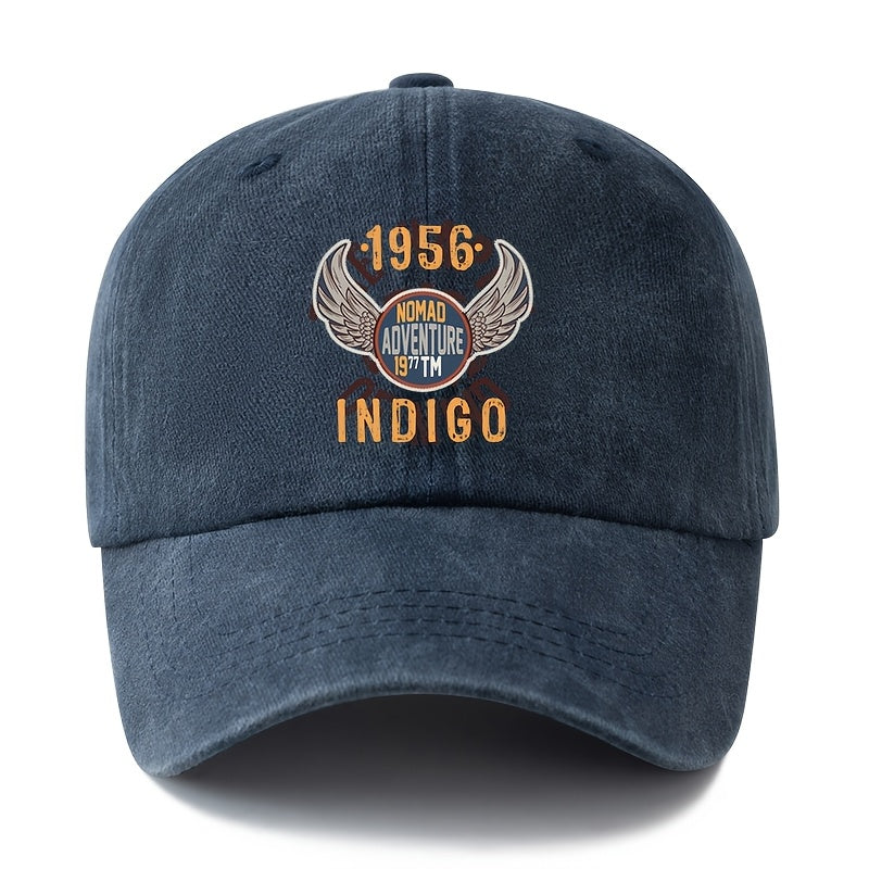 A Unisex Fashionable and Versatile 1956 INDIGO Printed Baseball Cap, Featuring a Classic Vintage Washed Outdoor Lightweight Curved Brim. This Trucker Baseball Cap Is Suitable for Casual Occasions Such as Outdoor Vacations, Travel, and Camping