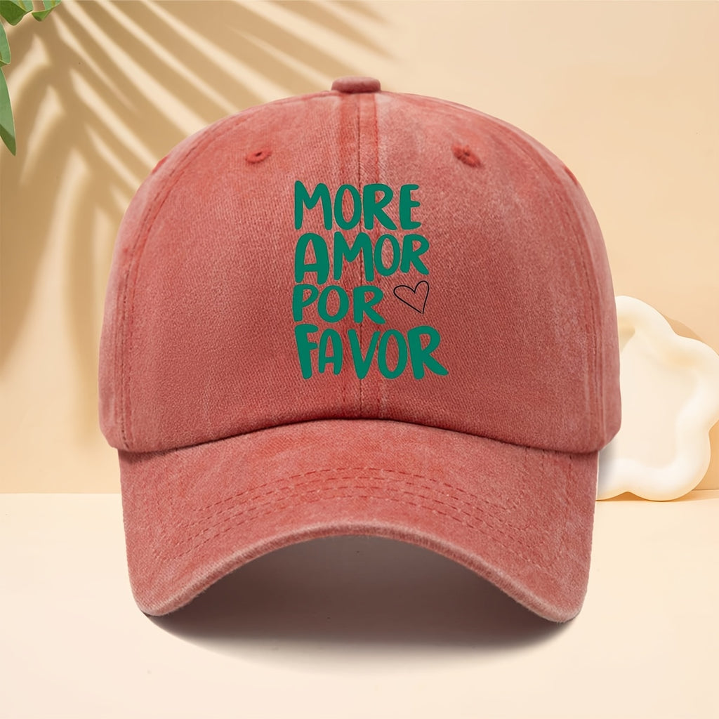 A Washed Baseball Cap with The Slogan MORE AMOR POR FAVOR, a Trucker Hat for Men And Women, a Casual Hat Suitable for All Seasons, a Six-Panel Hat with a Soft Top Design, Lightweight And Suitable for Daily Commutes, Street Style, Music Festivals