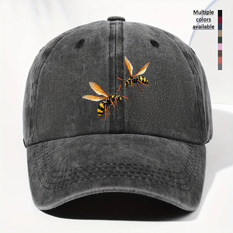 Unisex Bee Animal Print Washed Vintage Baseball Cap, Fashionable Sun Outdoor Hat for Men and Women, Adjustable Fit Trucker Hat Suitable for All Seasons and Daily Wear