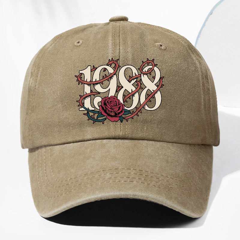 Unisex Thorn Flower 1988 Print Washed Vintage Baseball Cap, Fashionable Sun Outdoor Hat for Men and Women, Adjustable Trucker Hat Suitable for All Seasons and Daily Wear
