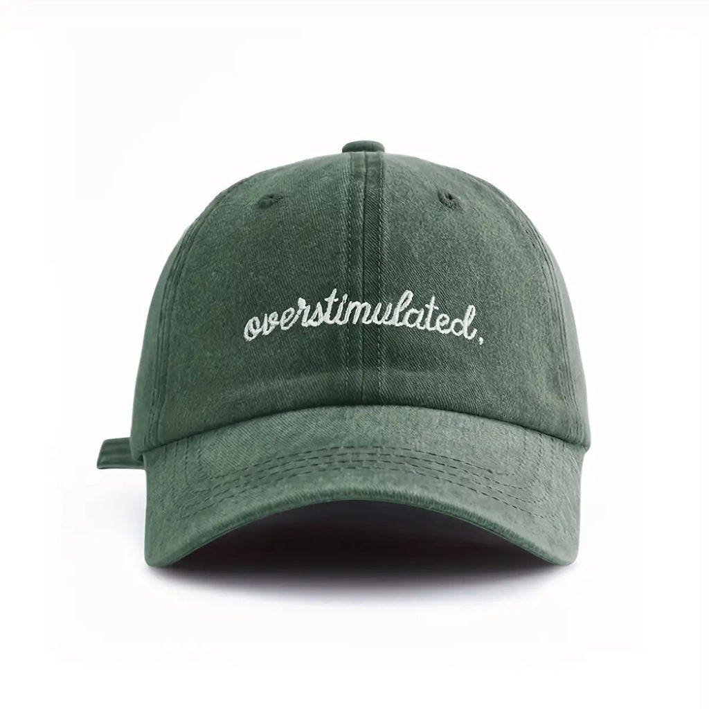 Overstimulated Embroidered Letter Women's Washed Baseball Cap, Fashionable Outdoor Retro Street Urban Style Unisex Baseball Cap Curved Brim Dad Hat Sun Hat Suitable for Vacation Beach Travel Cycling