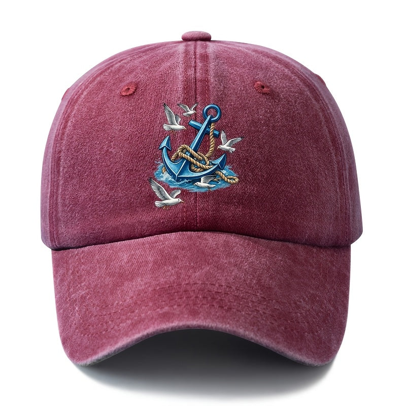 Unisex, Fashionable And Versatile Printed Nautical Anchor Baseball Cap, Classic Retro Washed Outdoor Lightweight Curved Brim Cap, Trucker Baseball Cap, Suitable for Outdoor Vacations, Travel, Camping, And Other Casual Occasions, Hip-Hop Style Cap
